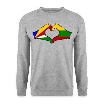 Seychellen Litauen Flagge Hände Herzform - Unisex Pullover - Weißgrau meliert - Vorne - Alina (178cm) & Michal (187cm)