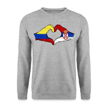 Colombie Serbie drapeau mains forme de coeur utilisé - Sweat-shirt Unisexe - gris chiné - Devant - Alina (178cm) & Michal (187cm)