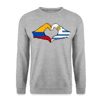 Kolumbien Uruguay Flagge Hände Herzform - Unisex Pullover - Weißgrau meliert - Vorne - Alina (178cm) & Michal (187cm)