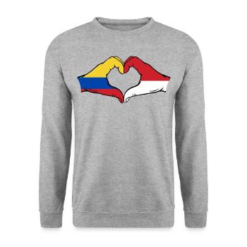 Kolumbien Indonesien Flagge Hände Herzform - Unisex Pullover - Weißgrau meliert - Vorne - Alina (178cm) & Michal (187cm)