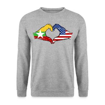 Myanmar États-Unis drapeau mains forme de coeur utilisé - Sweat-shirt Unisexe - gris chiné - Devant - Alina (178cm) & Michal (187cm)
