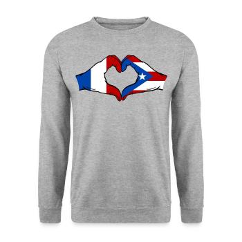 Frankreich Puerto Rico Flagge Hände Herzform - Unisex Pullover - Weißgrau meliert - Vorne - Alina (178cm) & Michal (187cm)