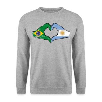 Brazil Argentina Flag Hands Heart Shape Used - Unisex Sweatshirt - salt & pepper - Front - Alina (178cm) & Michal (187cm)