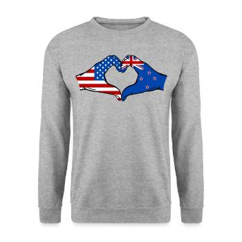 États-Unis, Nouvelle-Zélande, drapeau, main, forme de coeur - Sweat-shirt Unisexe - gris chiné - Devant - Alina (178cm) & Michal (187cm)