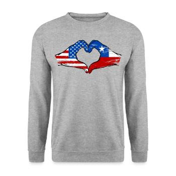 USA Chile Flag Hand Heart Shape Used - Unisex Sweatshirt - salt & pepper - Front - Alina (178cm) & Michal (187cm)