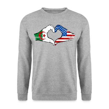 Algeria USA Flag Hands Heart Shape Used - Unisex Sweatshirt - salt & pepper - Front - Alina (178cm) & Michal (187cm)