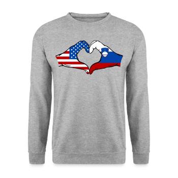 USA Slowenien Flagge Haende Herzform - Unisex Pullover - Weißgrau meliert - Vorne - Alina (178cm) & Michal (187cm)
