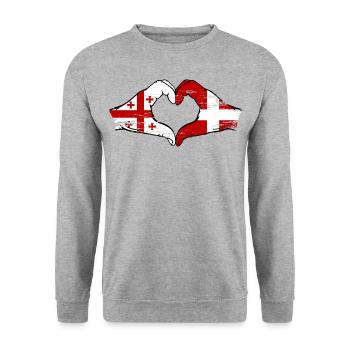 Georgien Daenemark Flagge Haende Herzform used - Unisex Pullover - Weißgrau meliert - Vorne - Alina (178cm) & Michal (187cm)