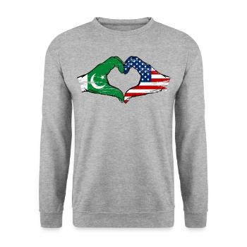 Pakistan USA Flag Hand Heart Shape Used - Unisex Sweatshirt - salt & pepper - Front - Alina (178cm) & Michal (187cm)