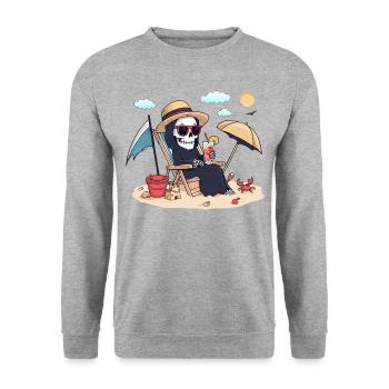 Halloween im Sommer – Sensenmann am Strand - Unisex Pullover - Weißgrau meliert - Vorne - Alina (178cm) & Michal (187cm)