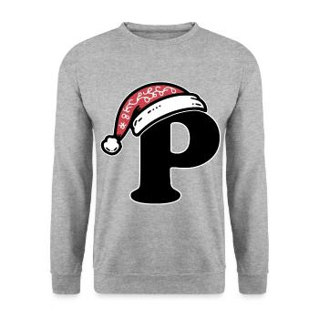 Buchstabe P mit Weihnachtsmütze - Unisex Pullover - Weißgrau meliert - Vorne - Alina (178cm) & Michal (187cm)