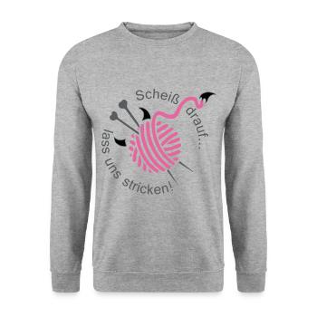 Stricken Hobby Handarbeit Stricknadel Geschenk - Unisex Pullover - Weißgrau meliert - Vorne - Alina (178cm) & Michal (187cm)