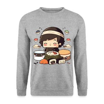 Sushi Japan kawaii - Unisex Pullover - Weißgrau meliert - Vorne - Alina (178cm) & Michal (187cm)