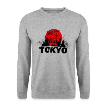 Tokio Japan Asien Stadt Skyline Schrift Grunge - Unisex Pullover - Weißgrau meliert - Vorne - Alina (178cm) & Michal (187cm)