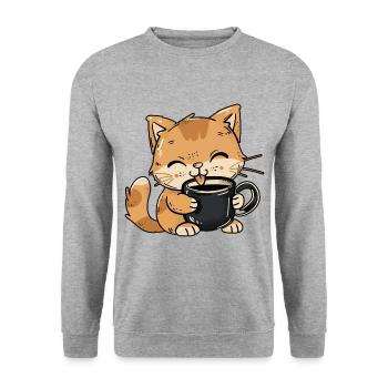 Katze Kaffee Kaffeetasse Katzenliebhaber Catlady - Unisex Pullover - Weißgrau meliert - Vorne - Alina (178cm) & Michal (187cm)
