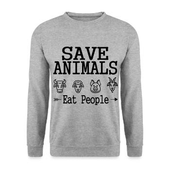 Lustiger Spruch Tiere Schützen, Menschen Essen - Unisex Pullover - Weißgrau meliert - Vorne - Alina (178cm) & Michal (187cm)