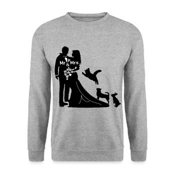 Brautpaar mit Hund Katze und Hase heiraten - Unisex Pullover - Weißgrau meliert - Vorne - Alina (178cm) & Michal (187cm)