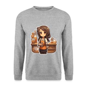 Kawaii Anime Girl: Working - Unisex Pullover - Weißgrau meliert - Vorne - Alina (178cm) & Michal (187cm)