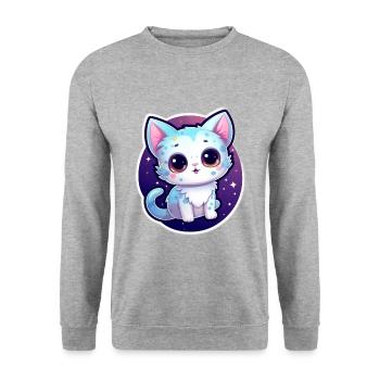 "Cosmic Kitty: Adorable Space Float" - Unisex Pullover - Weißgrau meliert - Vorne - Alina (178cm) & Michal (187cm)
