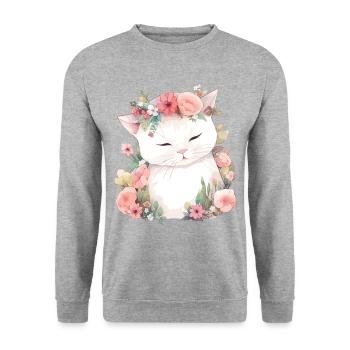 Katze Blumen Aquarell Zeichnung Kunst Bunt Floral - Unisex Pullover - Weißgrau meliert - Vorne - Alina (178cm) & Michal (187cm)