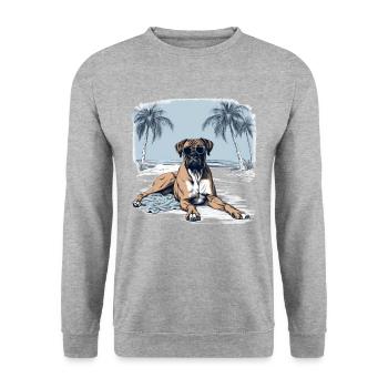 Deutscher Boxer mit Sonnenbrille am Strand - Unisex Pullover - Weißgrau meliert - Vorne - Alina (178cm) & Michal (187cm)
