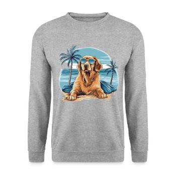 Golden-Retriever mit Sonnenbrille am Strand - Unisex Pullover - Weißgrau meliert - Vorne - Alina (178cm) & Michal (187cm)