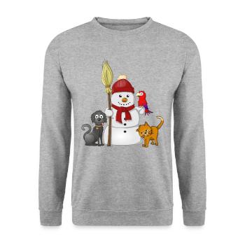 Bonhomme de neige avec écharpe rouge, chien, chat et perroquet - Sweat-shirt Unisexe - gris chiné - Devant - Alina (178cm) & Michal (187cm)
