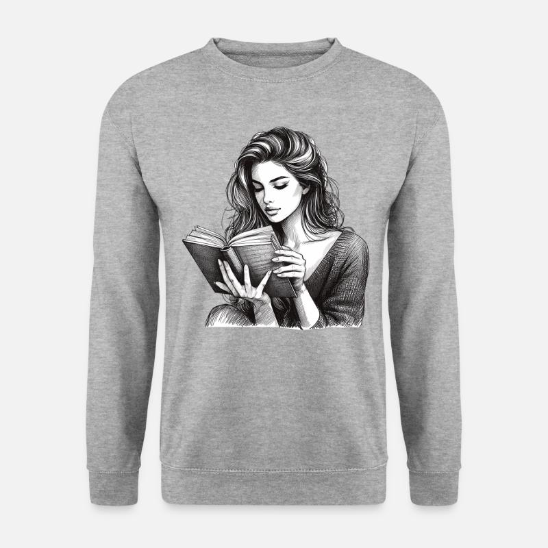 Zeichnung Frau Buch Bücher Lesen Geschenk - Unisex Pullover - Weißgrau meliert