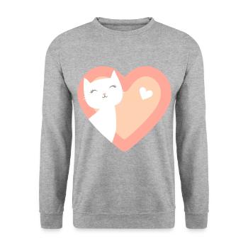 Süße Katze Kätzchen im Herz Motiv - Unisex Pullover - Weißgrau meliert - Vorne - Alina (178cm) & Michal (187cm)