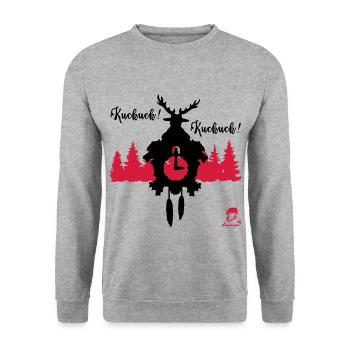 Kuckuck...Kuckuck... Kuckucksuhr mit Hirschgeweih - Unisex Pullover - Weißgrau meliert - Vorne - Alina (178cm) & Michal (187cm)