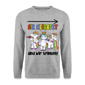 Sie Heiratet, wir sind zum Saufen hier JGA Einhorn - Unisex Pullover - Weißgrau meliert - Vorne - Alina (178cm) & Michal (187cm)