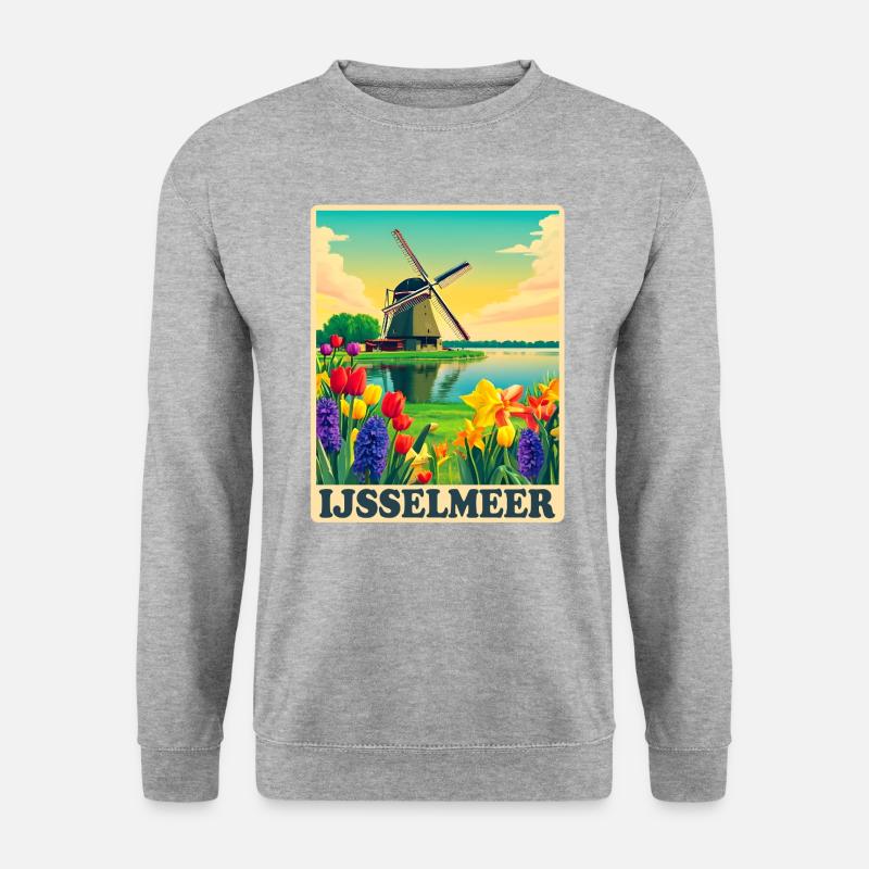 Ijsselmeer Holland Windmühle - Unisex Pullover - Weißgrau meliert