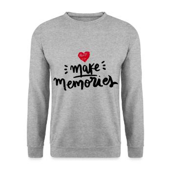 Make Memories Zitat Leben Herz Liebe - Unisex Pullover - Weißgrau meliert - Vorne - Alina (178cm) & Michal (187cm)