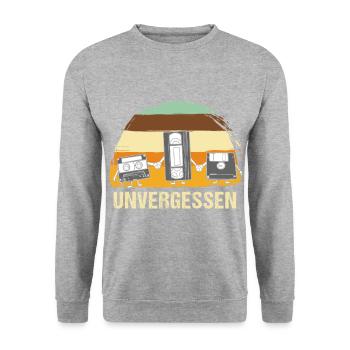 UNVERGESSEN NEVER FORGET Retro Design Kassette - Unisex Pullover - Weißgrau meliert - Vorne - Alina (178cm) & Michal (187cm)
