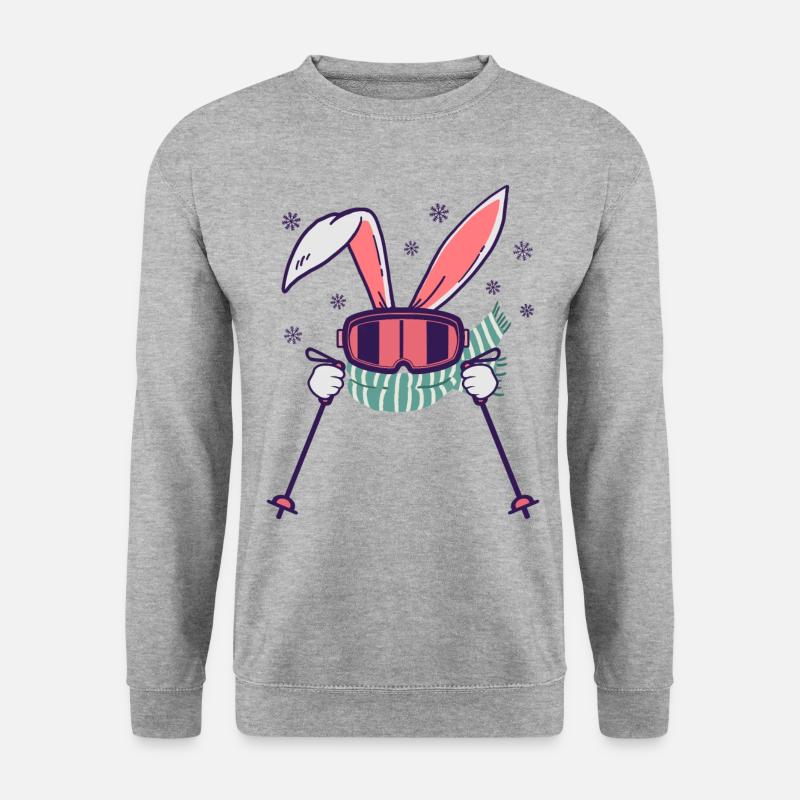 Skihase mit Skistöcken Skibrille und Schal - Unisex Pullover - Weißgrau meliert