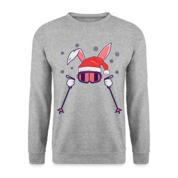 Skihase Skihäschen mit Nikolausmütze und Skistöcke - Unisex Pullover - Weißgrau meliert - Vorne - Alina (178cm) & Michal (187cm)