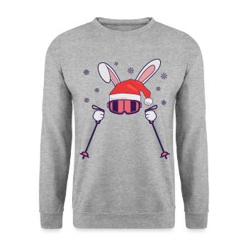 Skihase Skihäschen mit Nikolausmütze und Skistöcke - Unisex Pullover - Weißgrau meliert - Vorne - Alina (178cm) & Michal (187cm)