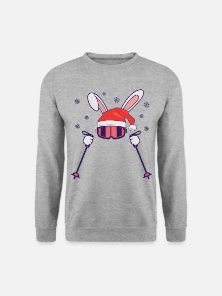Skihase Skihäschen mit Nikolausmütze und Skistöcke - Unisex Pullover - Weißgrau meliert