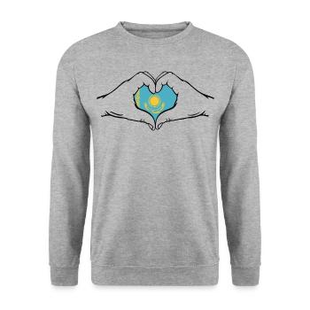 Kasachstan Flagge Herzform mit Hände - Unisex Pullover - Weißgrau meliert - Vorne - Alina (178cm) & Michal (187cm)