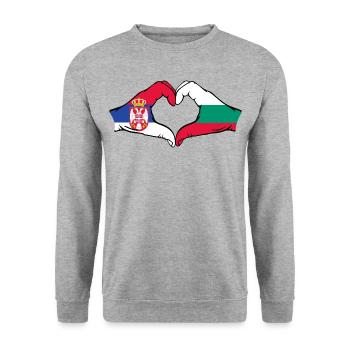 Serbien Bulgarien Flagge Hände Herzform - Unisex Pullover - Weißgrau meliert - Vorne - Alina (178cm) & Michal (187cm)