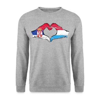 Aiguilles du drapeau de la Serbie Luxembourg en forme de coeur utilisé - Sweat-shirt Unisexe - gris chiné - Devant - Alina (178cm) & Michal (187cm)