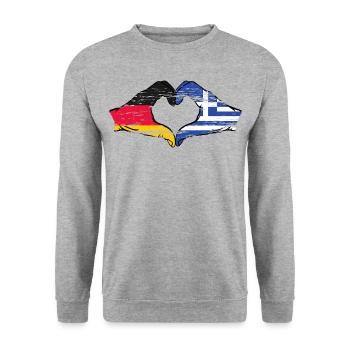 Deutschland Griechenland Flagge Hände Herz used - Unisex Pullover - Weißgrau meliert - Vorne - Alina (178cm) & Michal (187cm)
