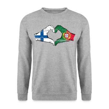 Finlande Portugal Drapeau Mains Coeur Forme Utilisé - Sweat-shirt Unisexe - gris chiné - Devant - Alina (178cm) & Michal (187cm)