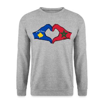 Kosovo Marokko Flagge Hände Herzform - Unisex Pullover - Weißgrau meliert - Vorne - Alina (178cm) & Michal (187cm)