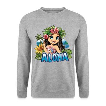 Hawaii Aloha Frau Blumen Palmen Strand Meer Insel - Unisex Pullover - Weißgrau meliert - Vorne - Alina (178cm) & Michal (187cm)