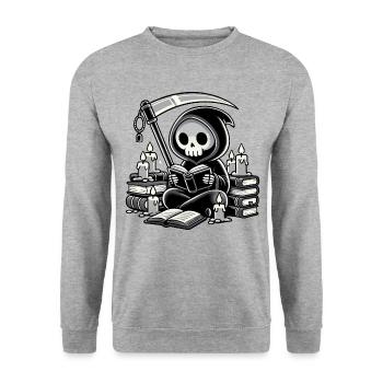 Grim Reaper Bookworm with Scythe - Unisex Sweatshirt - salt & pepper - Front - Alina (178cm) & Michal (187cm)