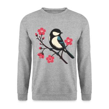 Kirschblüte mit Vogel - Frühlingsruhe Naturmotiv - Unisex Pullover - Weißgrau meliert - Vorne - Alina (178cm) & Michal (187cm)