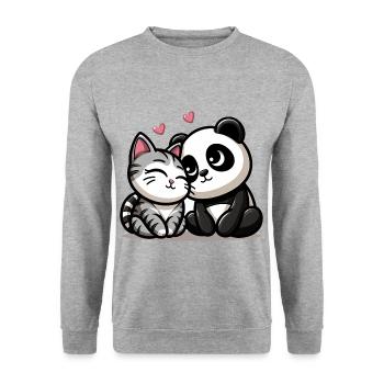 Cuddling Cat And Panda In Love - Unisex Pullover - Weißgrau meliert - Vorne - Alina (178cm) & Michal (187cm)