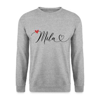Mila Name Vorname Kalligrafieherz - Unisex Pullover - Weißgrau meliert - Vorne - Alina (178cm) & Michal (187cm)
