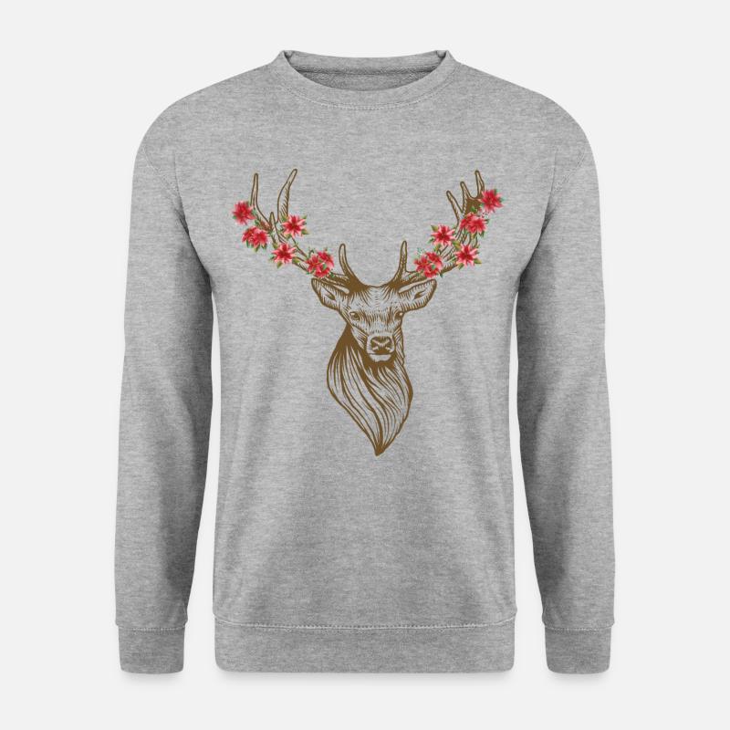 Hirschkopf mit Blumen - Unisex Pullover - Weißgrau meliert